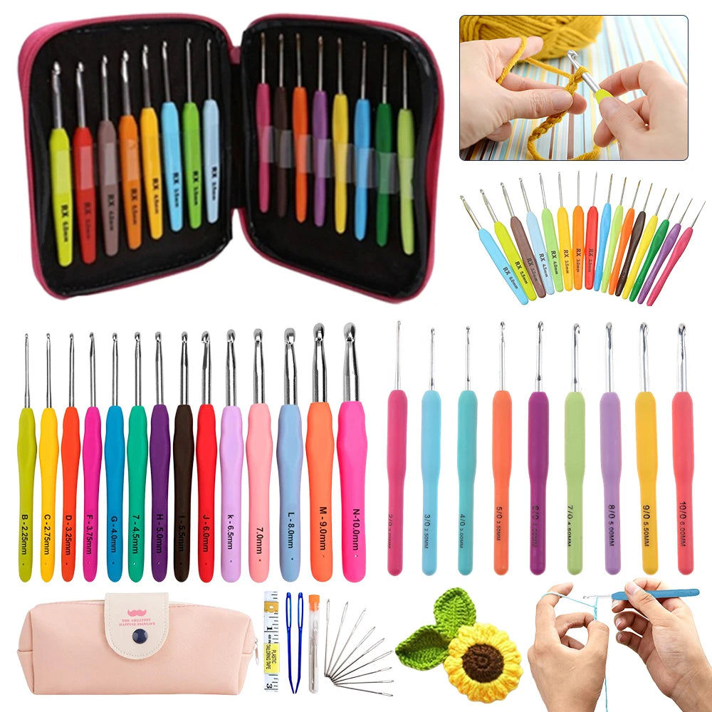 Set of colorful crochet hooks with case and usage examples.