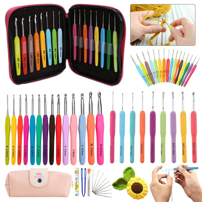 Set of colorful crochet hooks with case and usage examples.
