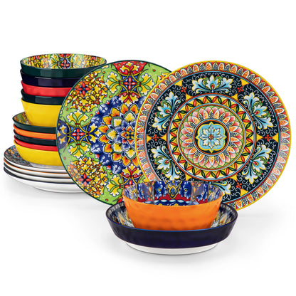 Boho Stoneware Dinnerware Set for 6 | Ceramic Plates & Bowls | 12, 16, 18 or 24 Pieces