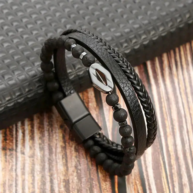 Men’s Multilayer Leather Bracelet | Handwoven Design with Magnetic Alloy Clasp