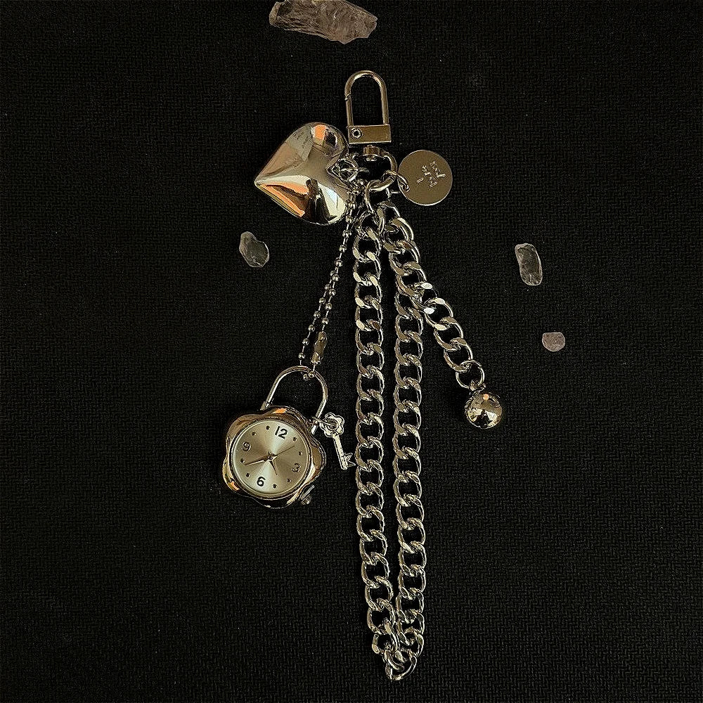 Heart Watch Bag Charm | Functional Clock Keychain | Purse & Backpack Charm with Heart, Key & Crystal Accents