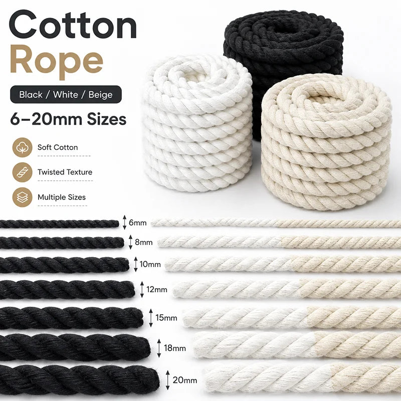 Three coiled rolls of cotton rope in black, white, and beige are shown above a size chart listing 6-20mm sizes with corresponding rope diameters labeled in millimeters. Text on the left highlights soft cotton, twisted texture, and multiple sizes.