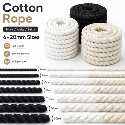Three coiled rolls of cotton rope in black, white, and beige are shown above a size chart listing 6-20mm sizes with corresponding rope diameters labeled in millimeters. Text on the left highlights soft cotton, twisted texture, and multiple sizes.