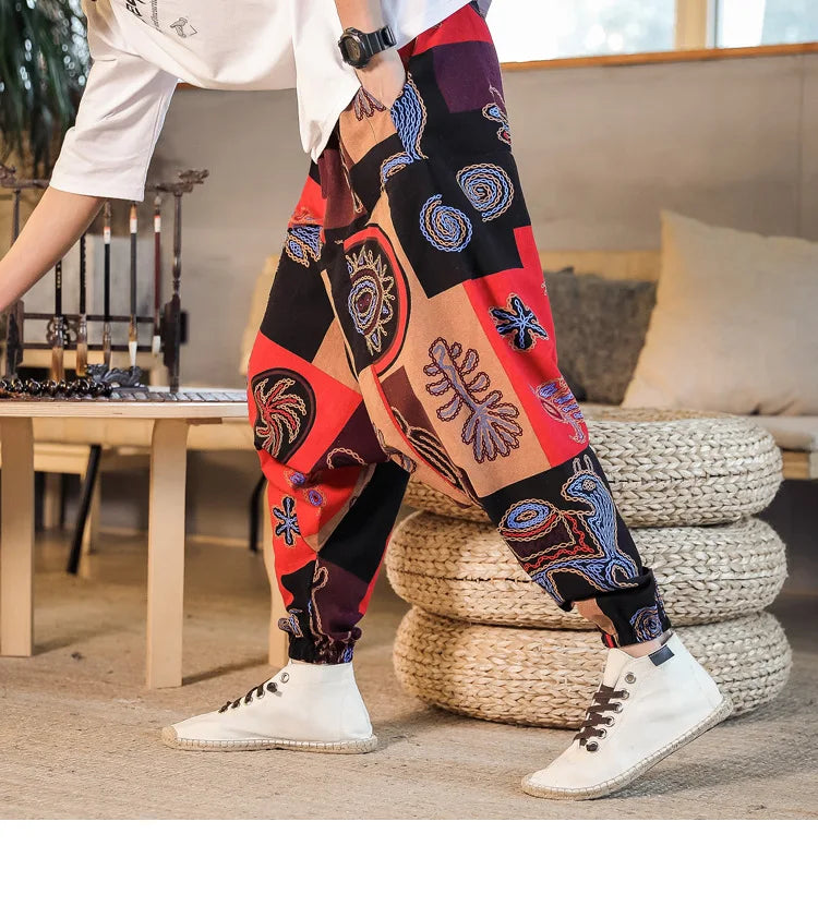 Men Harem Pants Print Retro Drop Crotch Joggers Trousers Men Baggy Loose Nepal Style Men Casual Pants M-5Xl