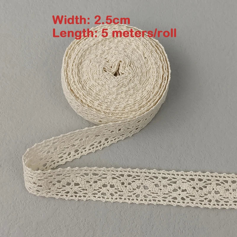 Roll of beige lace trim with dimensions on a gray background