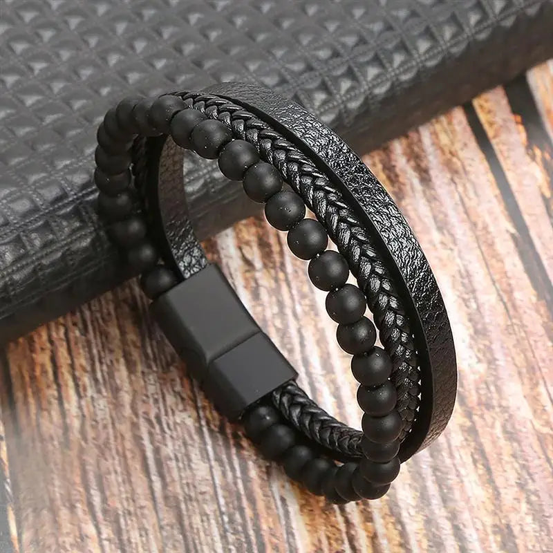 Men’s Multilayer Leather Bracelet | Handwoven Design with Magnetic Alloy Clasp