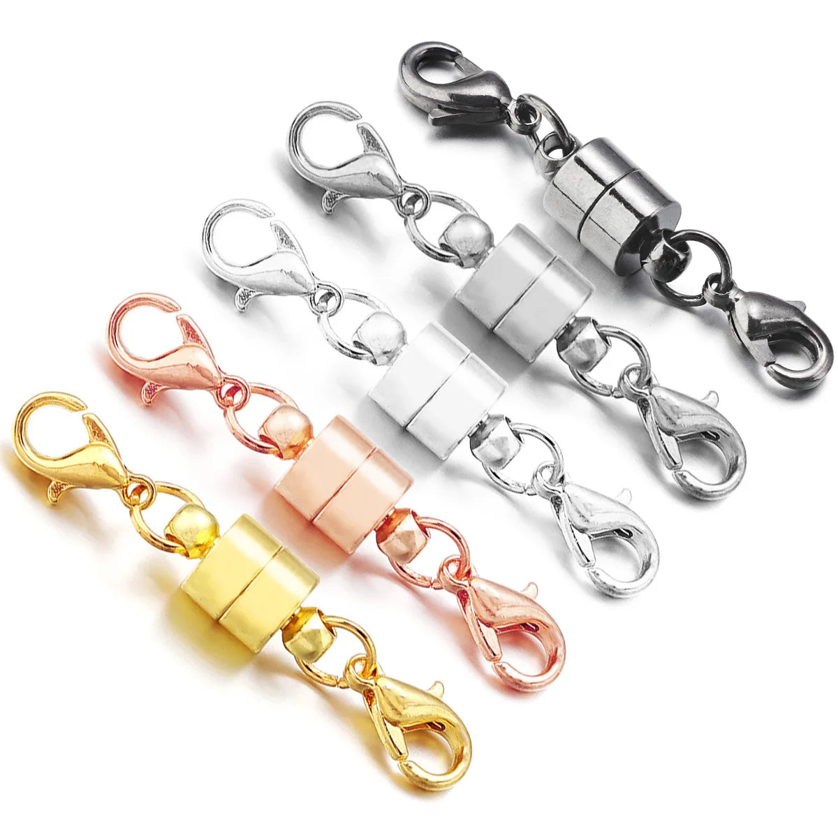 Set of four metal clasp connectors in gold, rose gold, silver, and white on a white background.