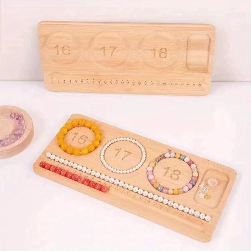 A wooden bead bracelet organizer set shown in two views: one displaying the engraved numbers 16, 17, and 18 with colorful beaded bracelets and a row of beads, and another view showing the back of the board. A small round tray with purple beads is partially visible on the left.