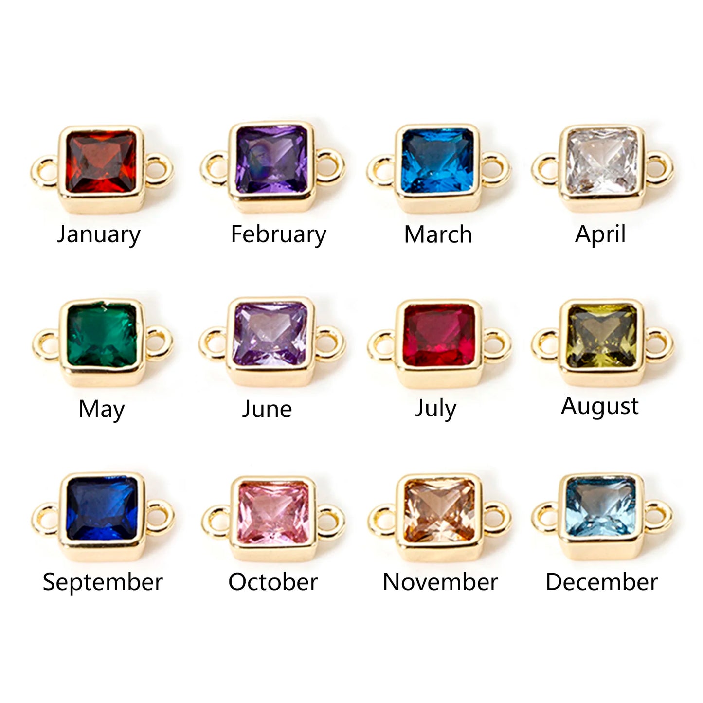 18K Gold Birthstone Connectors | Brass Square Charm Links | 2-Piece DIY Necklace, Bracelet & Earring Jewelry Findings