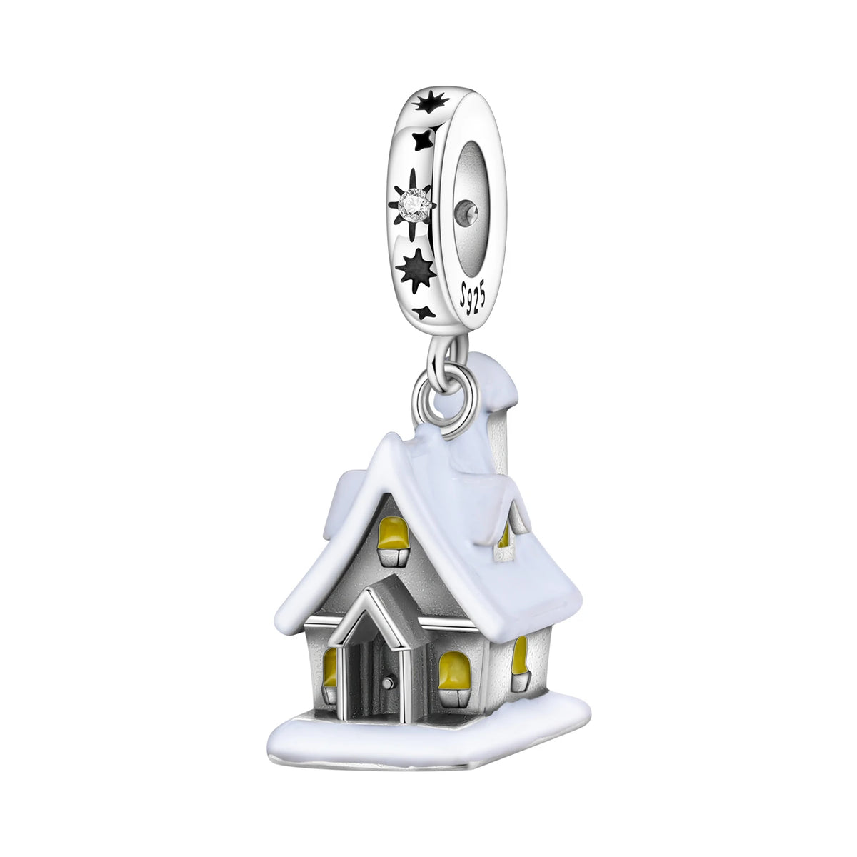 Silver charm shaped like a snow-covered house with a star and snowflake detail on a white background