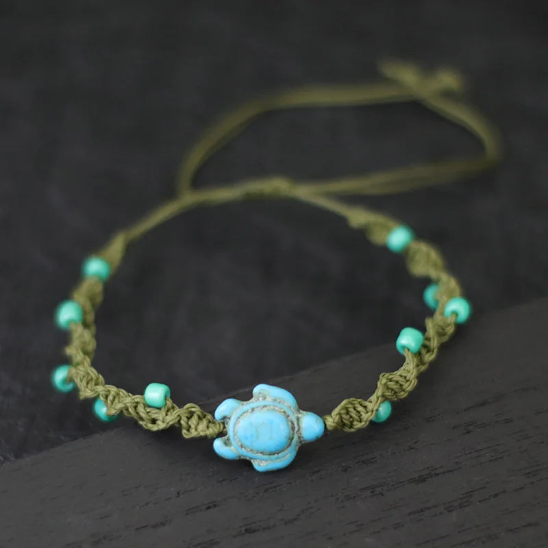 Turtle Charm Bracelet Base | Adjustable Woven Wax Rope Bracelet with 4mm Beads | DIY Beach Bracelet for Adding Charms