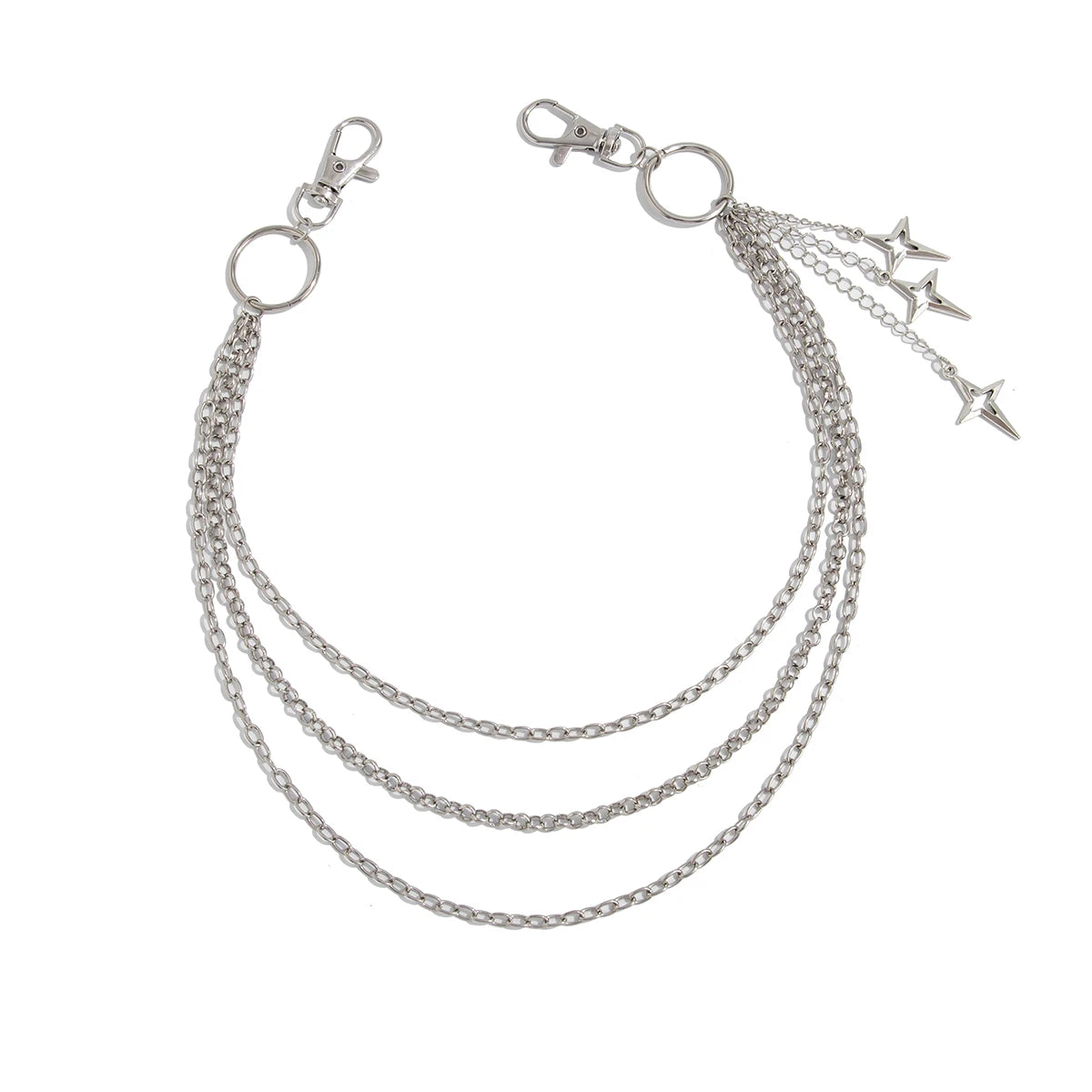 Silver chain with star pendants on a white background