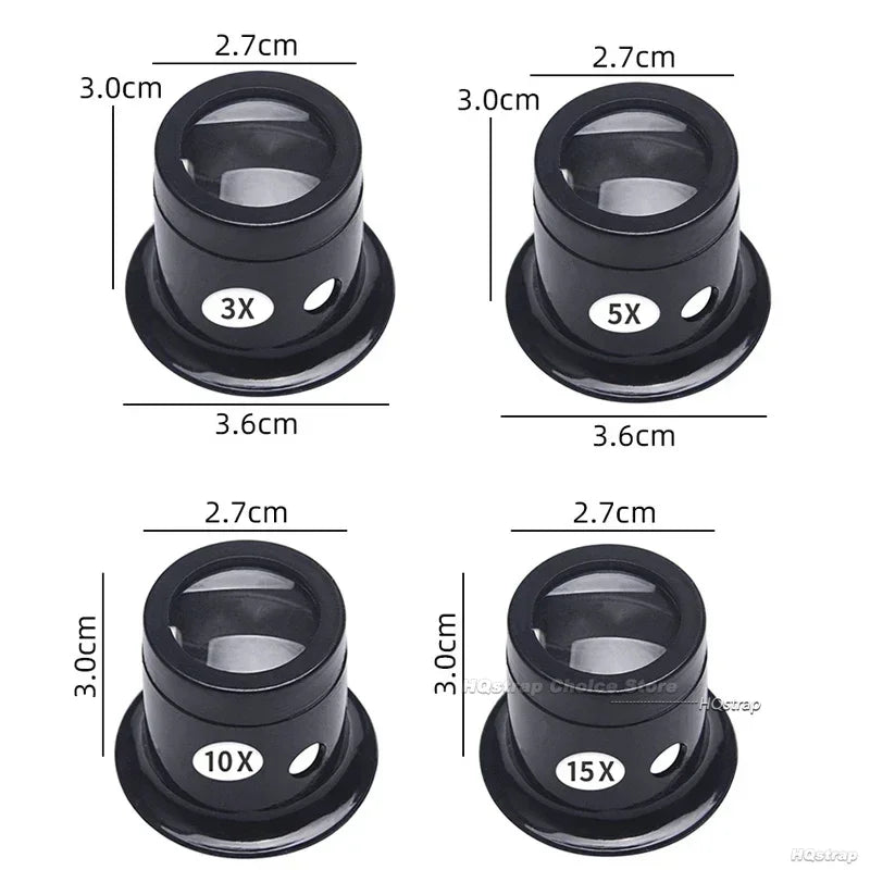 Four magnifying glasses with labeled magnification powers and dimensions on a white background.