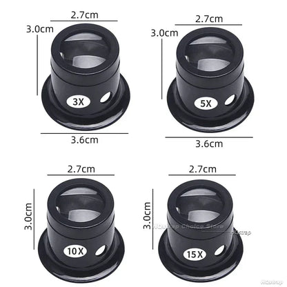 Four magnifying glasses with labeled magnification powers and dimensions on a white background.