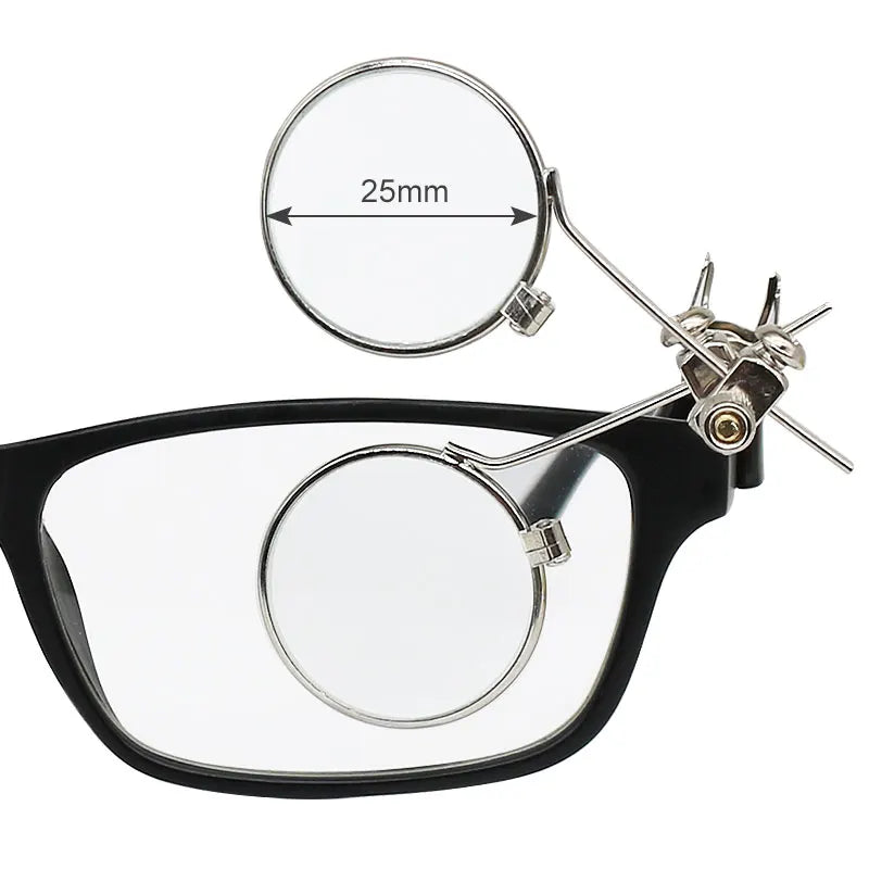 Eyeglasses with a magnifying lens and measurement details on a white background