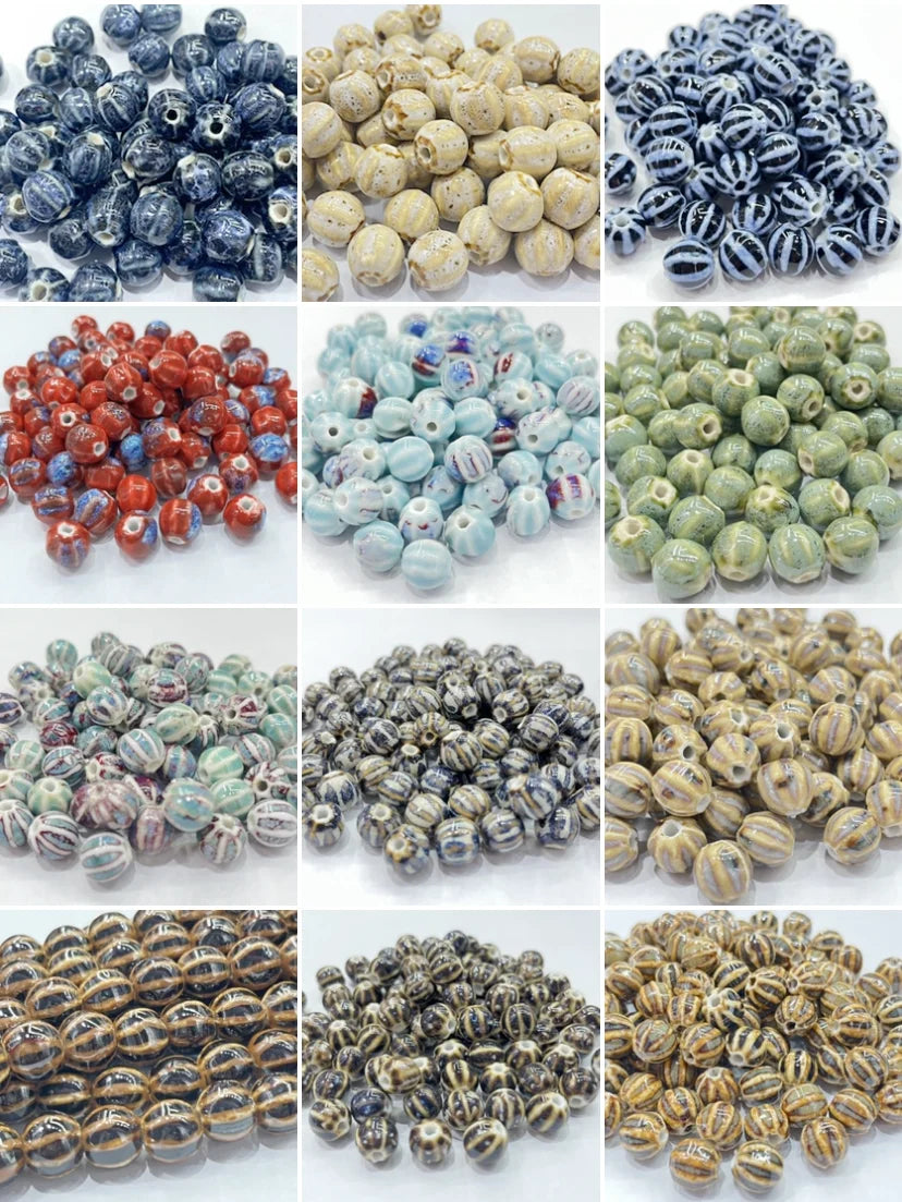 A 12-grid collage showing various colors and patterns of round glass seed beads on a white background, including blue, beige, navy, red, light blue, green, gray, brown, and striped designs.