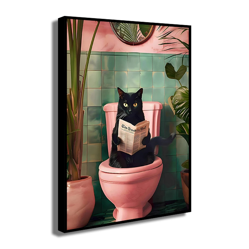 Bathroom Cat Reading on Toilet Canvas Wall Art Print Poster Funny Animal Decor Painting Home Room Decor Gift Unframed