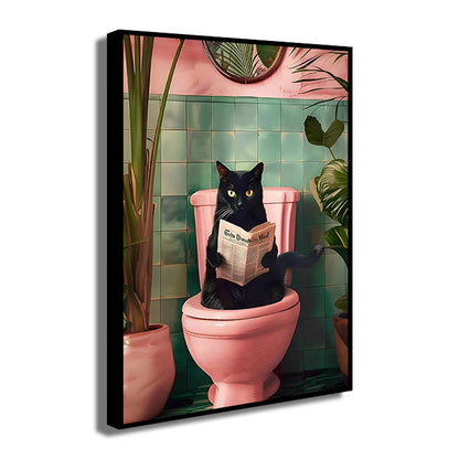 Bathroom Cat Reading on Toilet Canvas Wall Art Print Poster Funny Animal Decor Painting Home Room Decor Gift Unframed