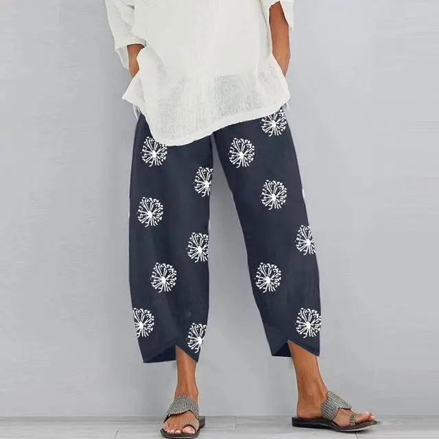 Women's Harem Pants Vintage Cotton Linen Elastic Waist Wide Leg Trousers Female Casual Solid Pockets Loose Cropped Pants