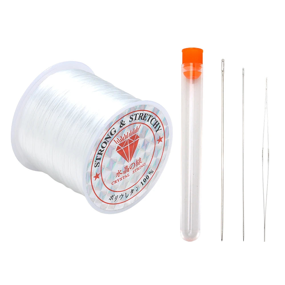 Spool of strong and stretchy thread with a clear container and needles on a white background