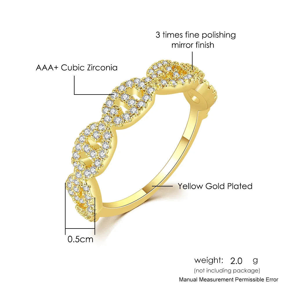 Gold CZ Link Ring | Micro Pave Zircon Chain Ring | Stackable Statement Ring | Punk Minimalist Jewelry for Women | Trendy Gift