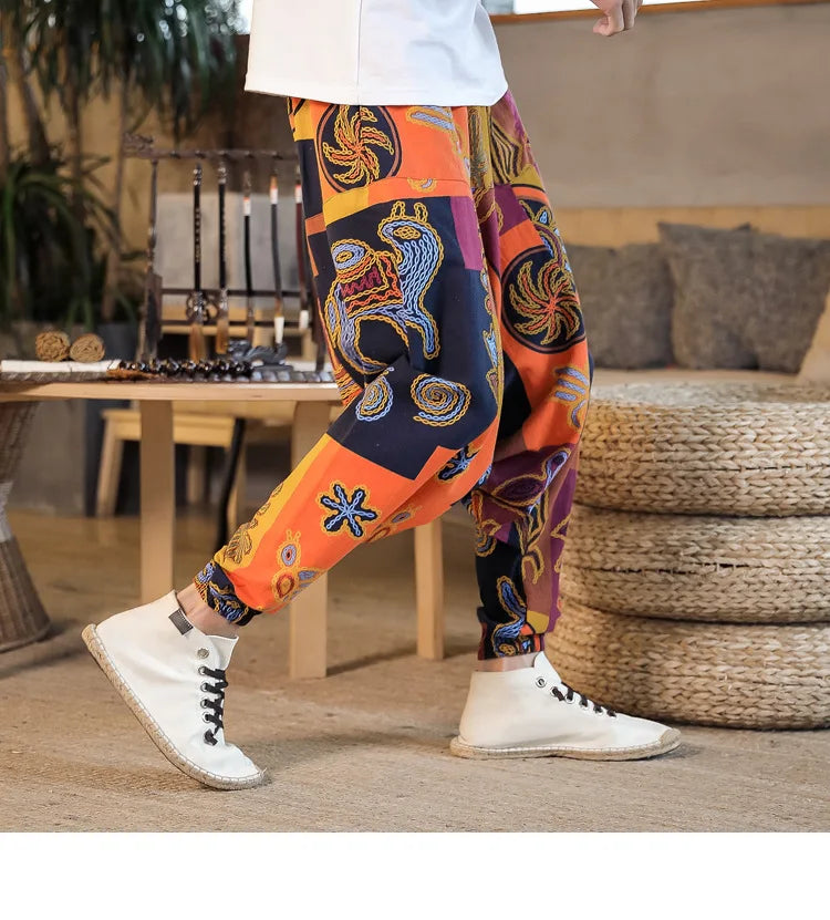 Men Harem Pants Print Retro Drop Crotch Joggers Trousers Men Baggy Loose Nepal Style Men Casual Pants M-5Xl
