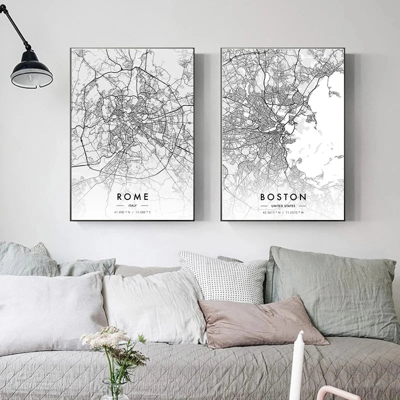 City Map Artwork Poster Paris New York Canvas Painting HD Printed Black and White Map Wall Art Picture Living Room Home Decor