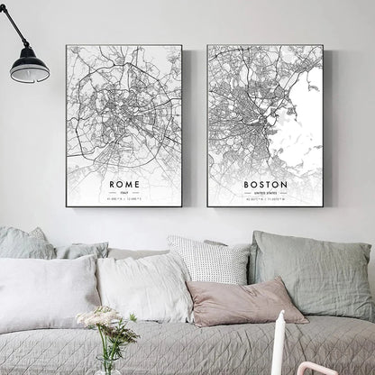 City Map Artwork Poster Paris New York Canvas Painting HD Printed Black and White Map Wall Art Picture Living Room Home Decor