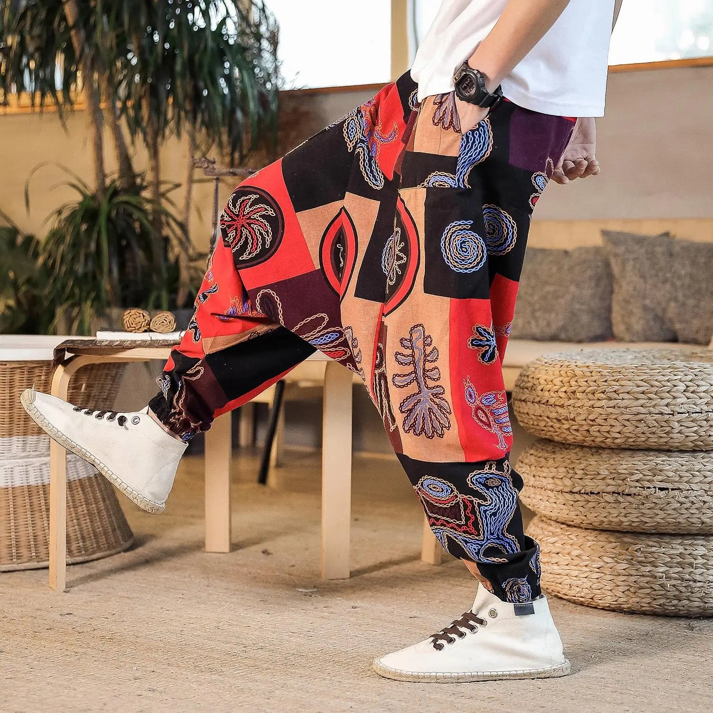 Men Harem Pants Print Retro Drop Crotch Joggers Trousers Men Baggy Loose Nepal Style Men Casual Pants M-5Xl