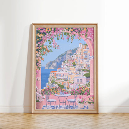 1pc Modern Cityscape Travel Mural Pink Flowers Nature Landscape Buildings Art Poster European City Mural Unframed Home Decor