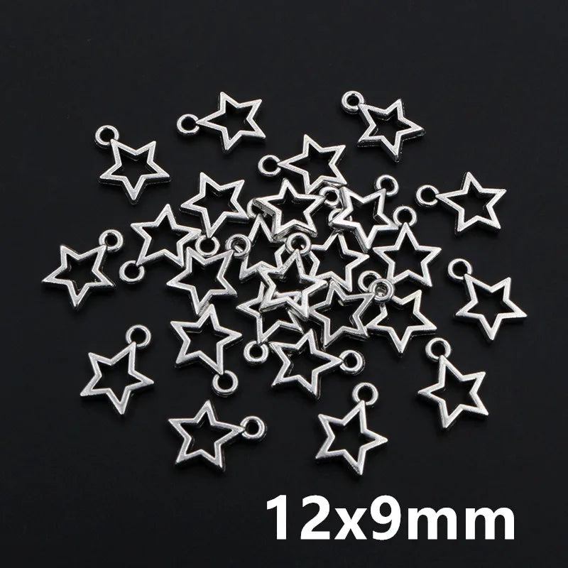 Star-shaped metal charms on a black background with size '12x9mm' displayed.
