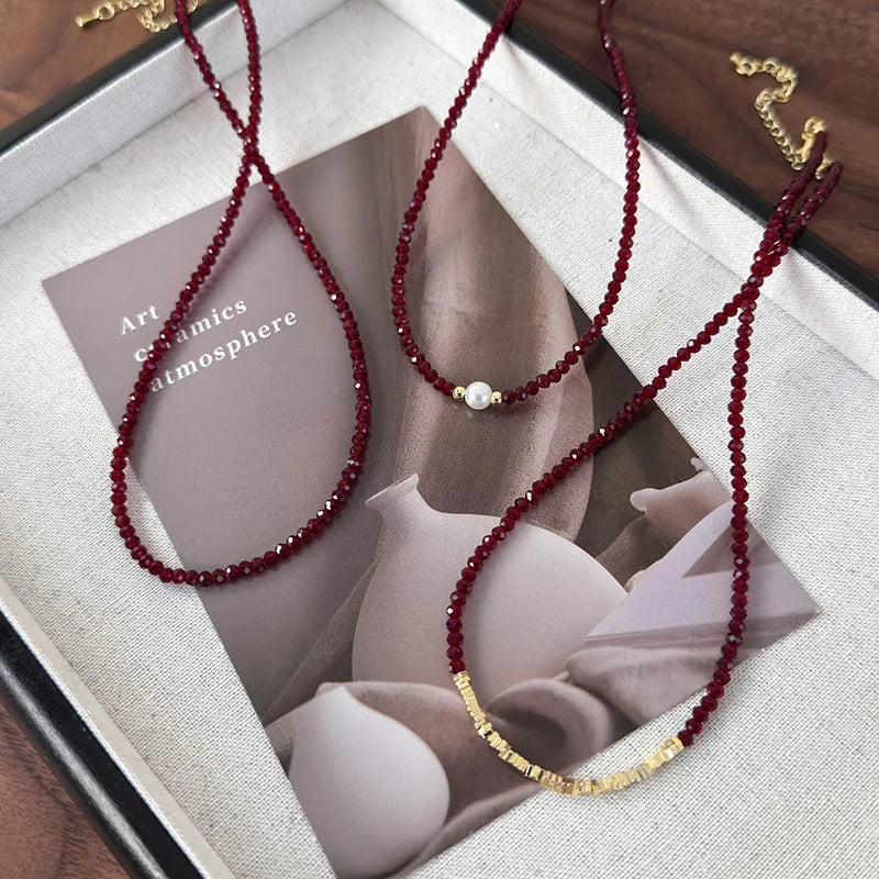 Red Pearl Bead Necklace | Glass Statement Necklace | Elegant Collarbone Jewelry Gift for Women