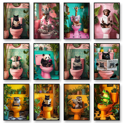 Bathroom Cat Reading on Toilet Canvas Wall Art Print Poster Funny Animal Decor Painting Home Room Decor Gift Unframed