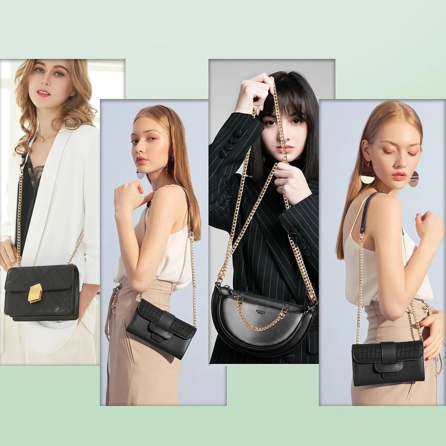 Four-panel collage showing a model wearing and carrying a black crescent-shaped shoulder bag with a gold chain strap and gold clasp, against a pale green background.