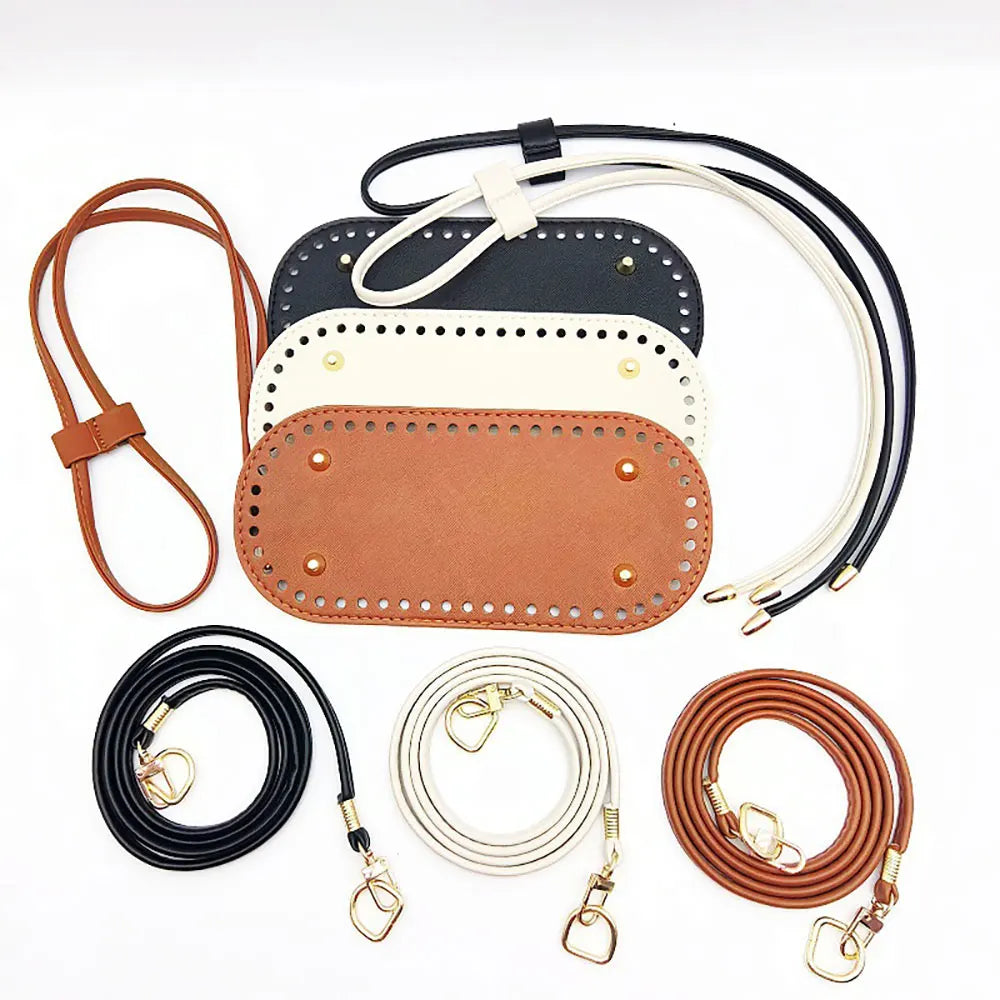 Collection of leather straps and handles in various colors on a white background