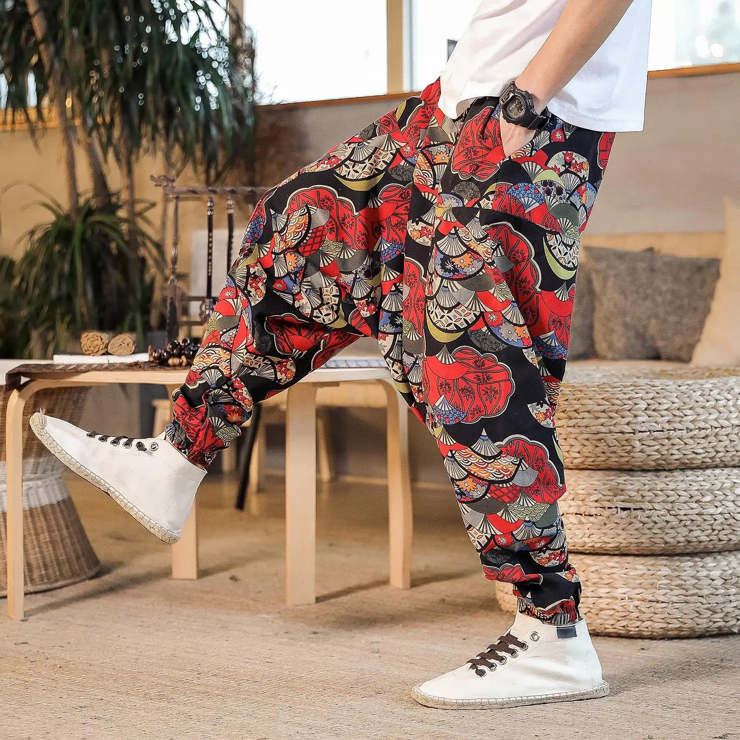Men Harem Pants Print Retro Drop Crotch Joggers Trousers Men Baggy Loose Nepal Style Men Casual Pants M-5Xl