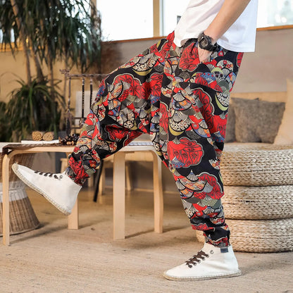 Men Harem Pants Print Retro Drop Crotch Joggers Trousers Men Baggy Loose Nepal Style Men Casual Pants M-5Xl
