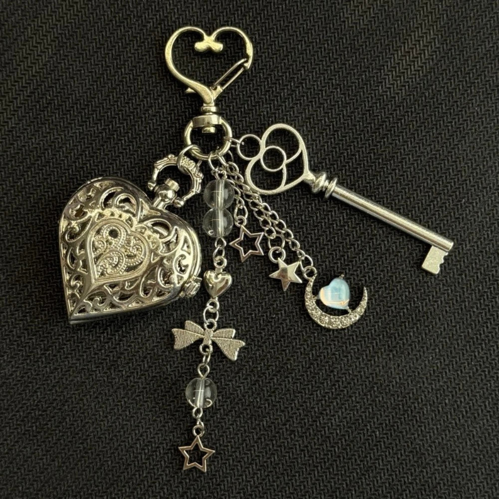 Heart Watch Bag Charm | Functional Clock Keychain | Purse & Backpack Charm with Heart, Key & Crystal Accents