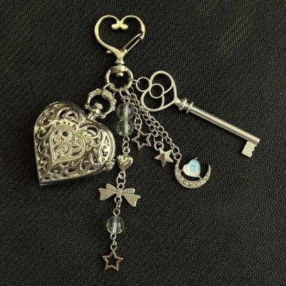 Heart Watch Bag Charm | Functional Clock Keychain | Purse & Backpack Charm with Heart, Key & Crystal Accents
