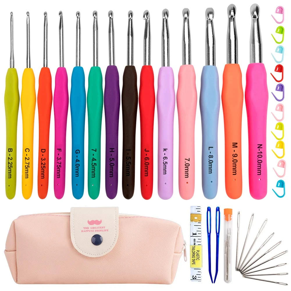 Set of crochet hooks with colorful handles and a carrying case.