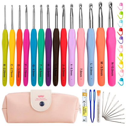 Set of crochet hooks with colorful handles and a carrying case.