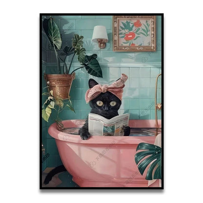 Bathroom Cat Reading on Toilet Canvas Wall Art Print Poster Funny Animal Decor Painting Home Room Decor Gift Unframed