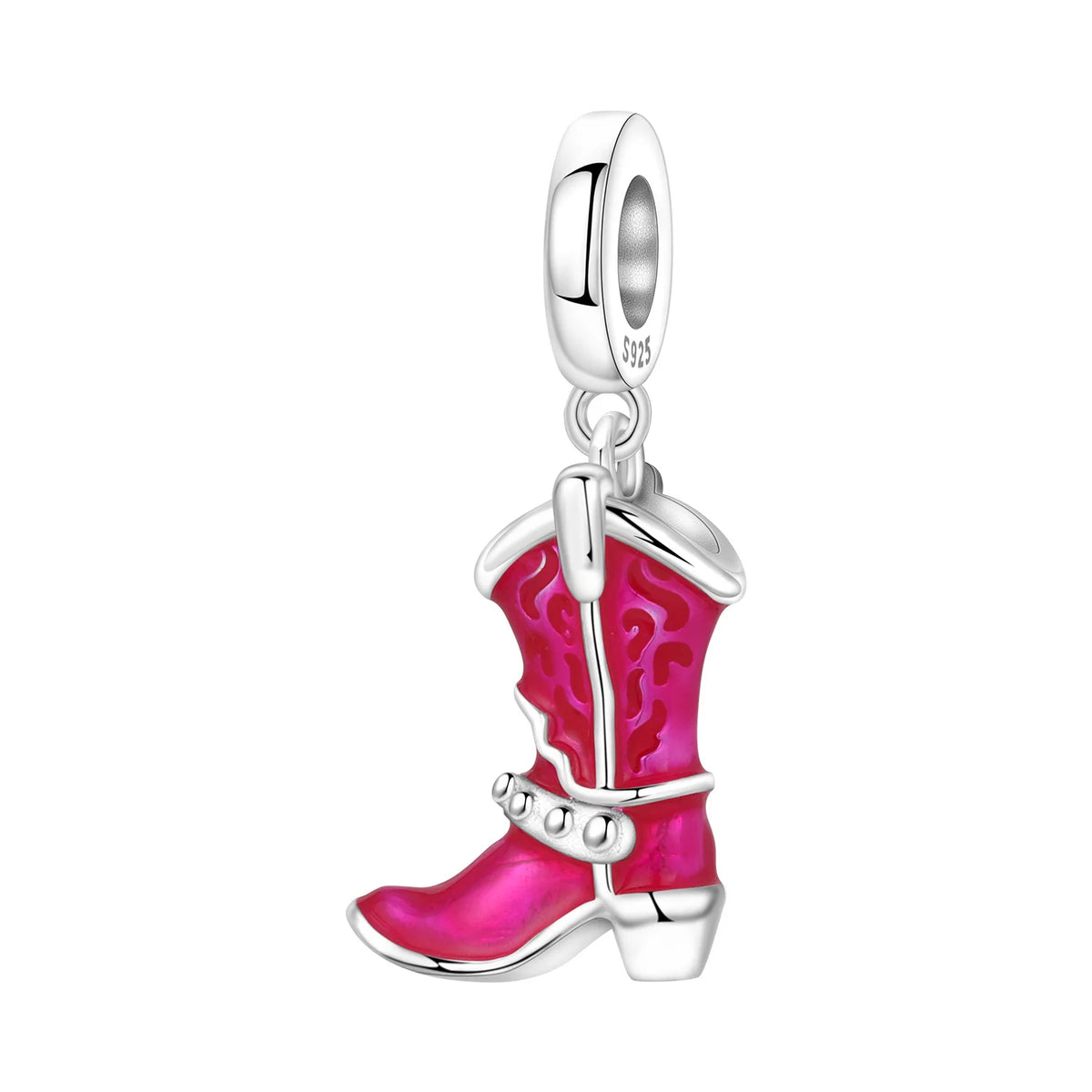 A sterling silver charm shaped like a cowboy boot, featuring vibrant pink enamel inlay and silver-toned metal details, shown on a plain white background.