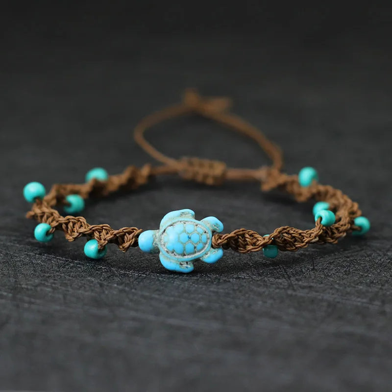 Turtle Charm Bracelet Base | Adjustable Woven Wax Rope Bracelet with 4mm Beads | DIY Beach Bracelet for Adding Charms