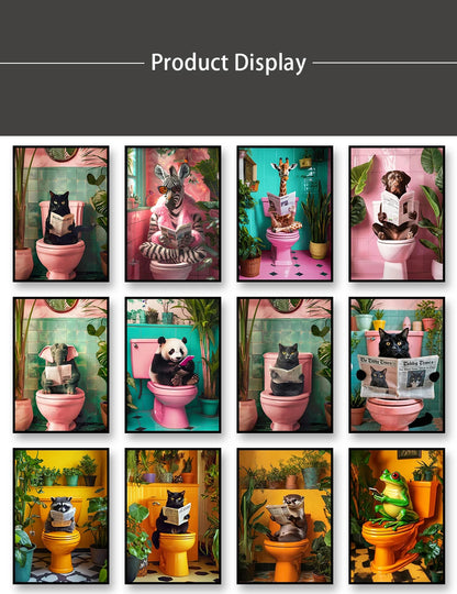 Bathroom Cat Reading on Toilet Canvas Wall Art Print Poster Funny Animal Decor Painting Home Room Decor Gift Unframed