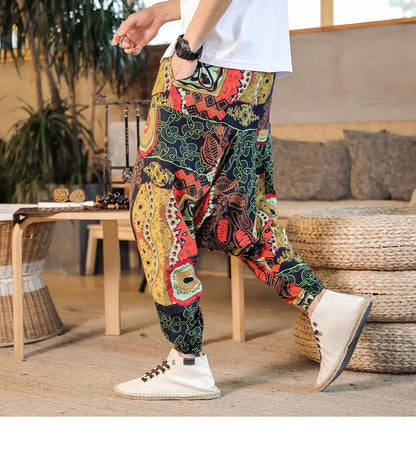 Men Harem Pants Print Retro Drop Crotch Joggers Trousers Men Baggy Loose Nepal Style Men Casual Pants M-5Xl