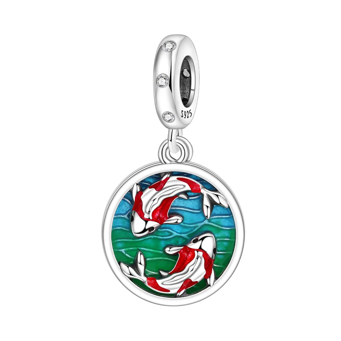 Silver charm with koi fish design on a white background