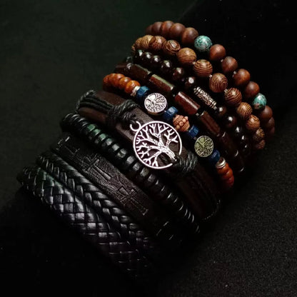 10-Piece Leather Bracelet Set for Men & Women | Khaki &amp; Black Woven Wrap Bracelets | Boho Style