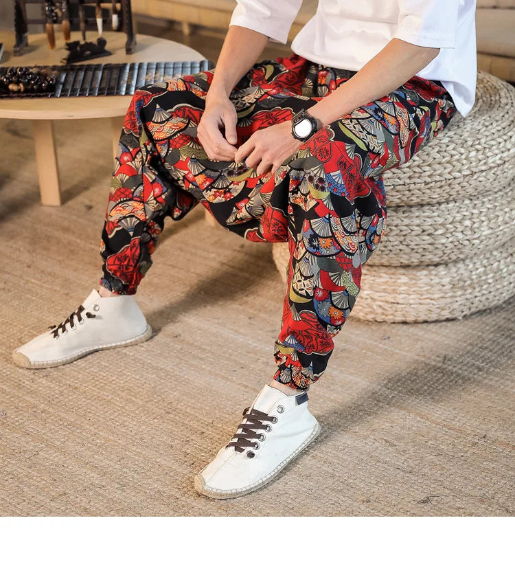 Men Harem Pants Print Retro Drop Crotch Joggers Trousers Men Baggy Loose Nepal Style Men Casual Pants M-5Xl