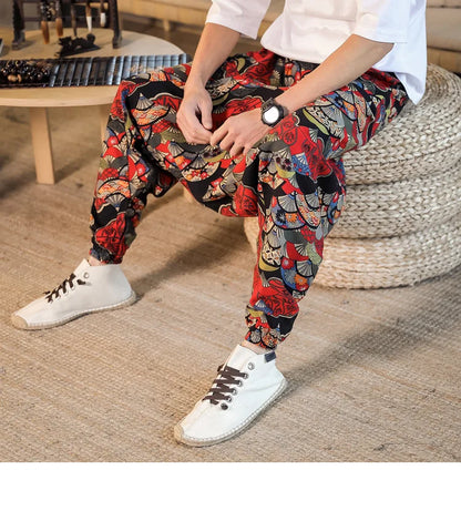 Men Harem Pants Print Retro Drop Crotch Joggers Trousers Men Baggy Loose Nepal Style Men Casual Pants M-5Xl